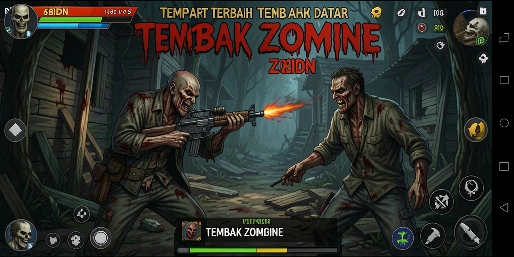 Antarmuka utama 68IDN menampilkan aksi menembak zombie yang seru.