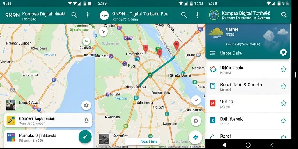 Tampilan antarmuka utama 9N9N dengan fitur kompas digital yang mudah digunakan.