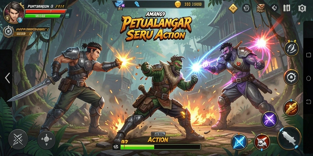 Antarmuka permainan AMAN69 yang dinamis dan penuh aksi.