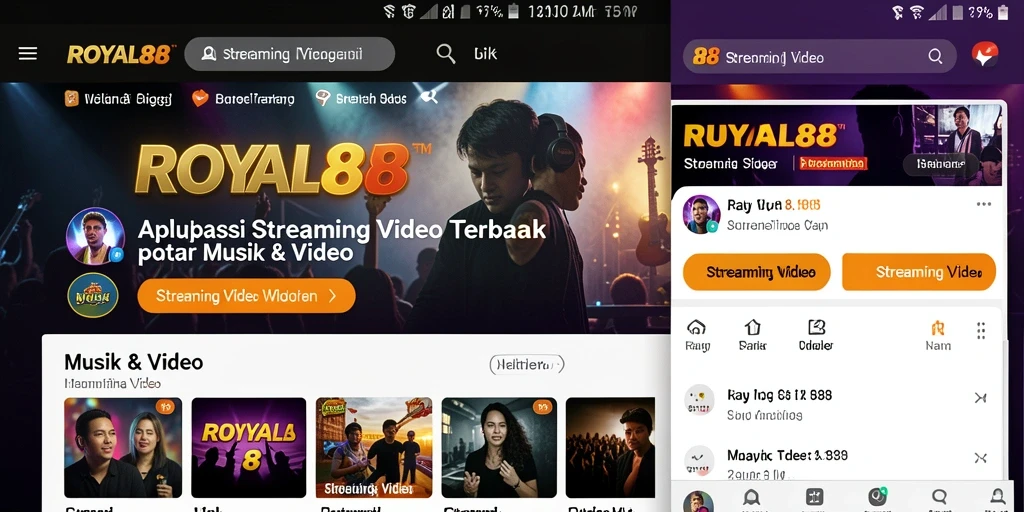Tampilan antarmuka pengguna aplikasi Streaming Video ROYAL88 yang modern.